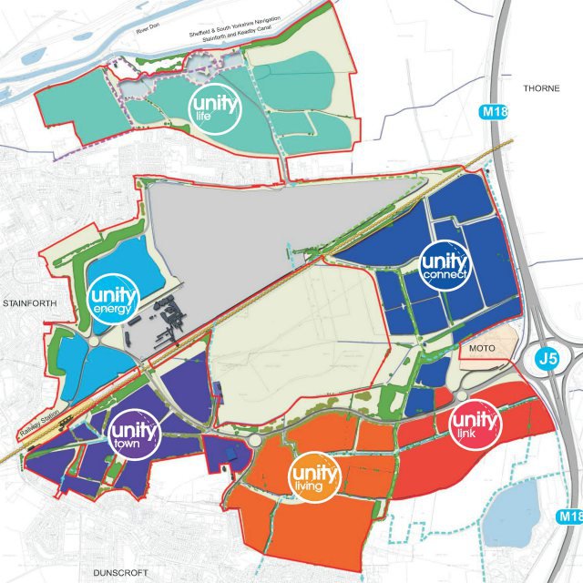 Map overlain with shapes to show planned sites of development for the unity infrastructure programme in Doncaster